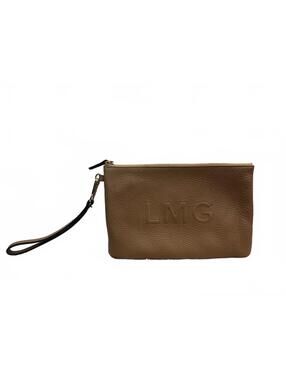 Brown Pebbled Leather Wristlet Clutch LMG Monogram Gold Tone Zip Pouch
